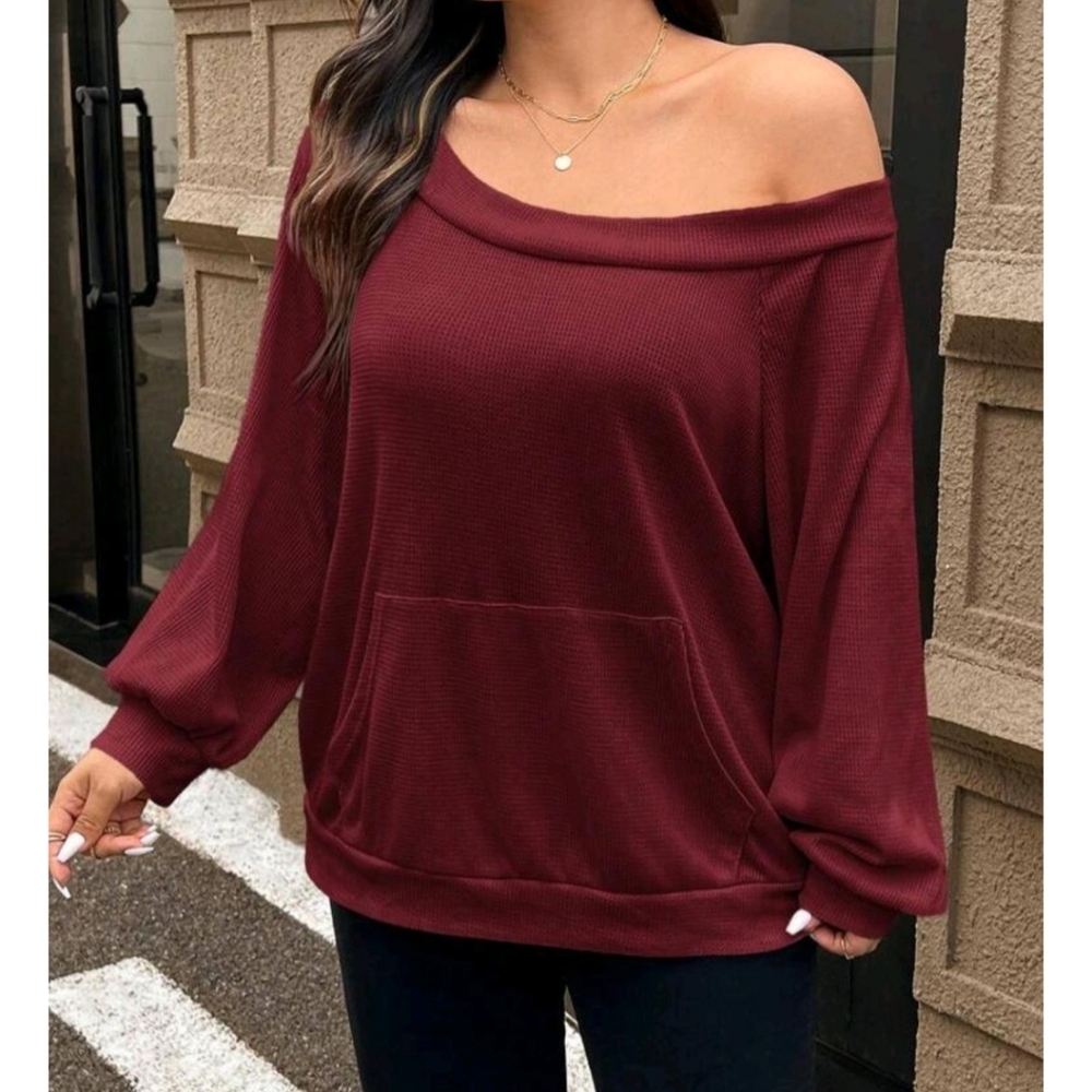 Plus Size Off Shoulder Waffle Print Sweatshirt ❤️